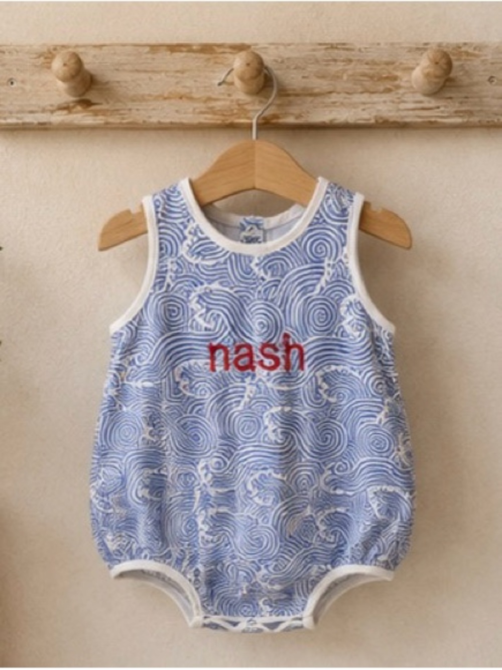 Personalized Blue Swirl Baby Romper with Red 'nash' Embroidery